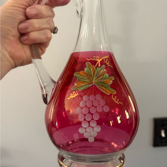 Vintage Hand-Painted Glass cranberry Decanter with Grape Design - Picture 10 of 14